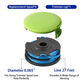 29242/29082 Trimmer Replacement Line Compatible for Greenworks 21212 and 21272, 27ft 0.065", 6-Line Spool + 1 Cap