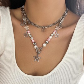 2 Pieces Silver Star Necklace Y2K Jewelry Set Grunge Necklace Kawaii Cute Necklaces Aesthetic Vintage Emo Jewelry (Silver 5)