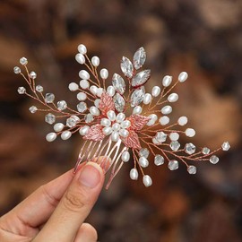Ushiny Pearl Bride Wedding Hair Comb Crystal Bridal Hair Accessories Rhinestone Headpiece for Women and Girls (Rose Gold)