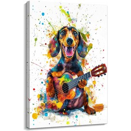 Axglnumber Dachshund Wall Art Dog Playing Guitar Wall Decor Artwork Framed Funny Animal Pictures Prints Modern Dog Wall Art Bedroom Decor 08x12 inches