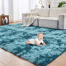 OPPODREAM Small Area Rug 2x3 for Living Room, Ultra Soft Nursery Throw Rugs, 2 x 3 Fluffy Kids Carpet with 0.4" Thick Non-Slip Backing, Long Pile Shag Carpet, Fuzzy, Shaggy, Tie-dye Teal