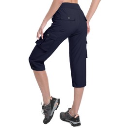Women's Cargo Capris Hiking Pants Lightweight Quick Dry Summer Travel Athletic Outdoor Elastic Waist Loose Casual Navy M