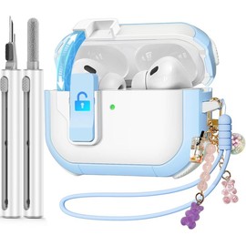 Case for AirPods Pro 2nd/1st Generation Case with Cleaner Kit,  Secure Lock Case for  Airpod Pro 2&1 Gen Case Cover with  Wrist Strap Cute Candy Keychain for Women,Sky Blue - Color: Clear Case-Purple