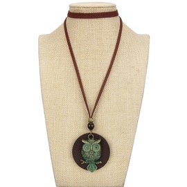 GelConnie Chunky Long Necklaces For Women Wooden Choker Leather Cord Necklace with Owl Pendant Handcrafted Bohemian Jewelry