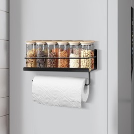 ahomrt Magnetic Spice Rack Organizer with Paper Towel Holder for Refrigerator and Oven, Black Fridge Organizers and Storage Can Hold spices, Pepper, Small Things, Paper Towel