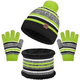 UMIPUBO Kids Warm Beanie Hat Scarf Gloves Set 3 in 1 Thermal Knit Hat Scarf Gloves Set Winter Accessories Sets Snood Scarf Gloves Set with Double Layer Fleece Lining Boys Girls(Green, One size)