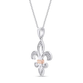 Wishrocks 1/10 Carat Round Cut White Natural Diamond Fleur de Lis Pendant Necklace Jewelry For Women In Two Tone 14k White Gold Plated Sterling Silver (0.10 cttw, Color- I-J, Clarity- I2-I3)