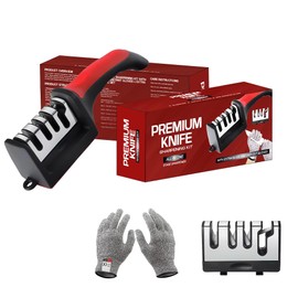 Premium 4-in-1 Knife Sharpening Kit, Kitchen knife sharpener with Anti-Cut Gloves and Extra Sharpening Blade, Red and Black, Professional Grade Kitchen Tool Set