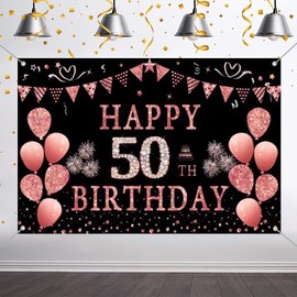 Happy 50th Birthday Party Decoration Backdrop Banner for Woman Happy 50 Years Old Fabric Sign Poster, Glitter Rose Photography Background 50th Birthday Table Decoration, 150cm x 90cm