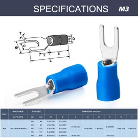 Chanzon UL Listed Insulated Fork Terminals #4 M3 U-Type - 16-14AWG - Crimp Connectors Electrical Wire Blue PVC Brass Copper - 100pcs Pack
