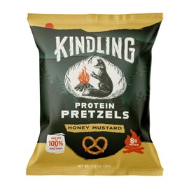 Kindling Protein Pretzels - Honey Mustard | Protein-Packed Snack Size Bags | Kosher | 8-9g Protein Per Serving | Only 1-2g of Total Sugar | No Artificial Flavors, Soy-Free | Lunches, Office Snacks, & On-the-Go | 16-Count (1.06oz Bags)
