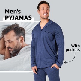 CityComfort Mens Pyjamas Set - Classic Button Down Nightwear Long Sleeve & Bottoms PJs Cosy Lounge Wear M-3XL - Sleepwear Gifts for Him (Navy Blue, XL)