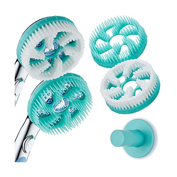 AquaCare 3-pc. Brush Head Set for Aquassage Hydrotherapy Hand Shower - Soft Bristle Body Brush, De-tangling Hair Brush, Wall Holder. 100% Hygienic Material to Eliminate Odors, Scum & Biofilm Buildup.