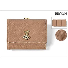 BROWN Mini Wallet, Faux Leather, Bear Plate, Clasp Closure, Trifold