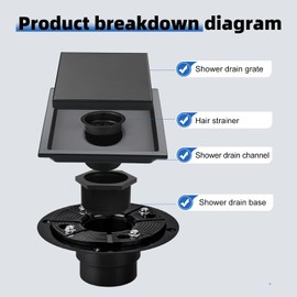 morefine Square Shower Floor Drain with Flange, Shower Drain 6 inch with 2 in 1 Tile-Insert Cover, SUS 304 Stainless Steel, Matte Black