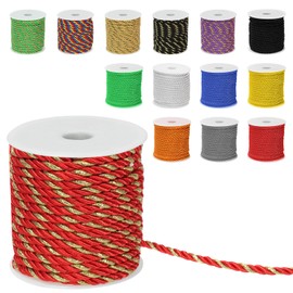 Mardatt 1Pcs 5mm x 18m 3-Ply Twisted Cord, Twisted Silk Rope Cord Polyester Braided Decorative Rope for Home Decor, DIY Crafts, Curtain Tieback, Red+Gold