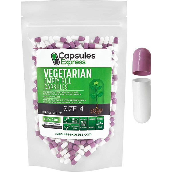 XPRS Nutra Size 4 Empty Capsules - 100 Count Small Empty Vegan Capsules - Capsules Express Vegetarian Empty Pill Capsules- DIY Vegetable Capsule Filling- Veggie Pill Capsules (Lavender / White)