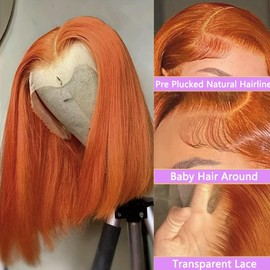 Ginger Orange Lace Front Wigs Human Hair for Black Woman, Pre Plucked 13x4 Hd Ginger Bob Lace Frontal Wigs Human Hair 150 Density Glueless Straight Bob Frontal Wig Human Hair with Baby Hair
