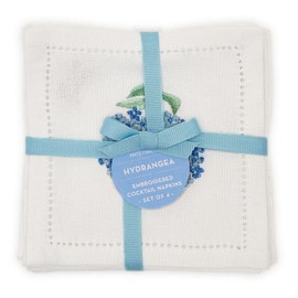 Two's Company Hydrangea Set of 6 Hemstitch Cocktail Napkins w/Hand Embroidered Details