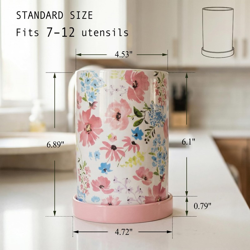 ISUISLE Ceramic Utensil Holder for Kitchen Counter with Draining Base,