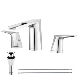 EZANDA 2-Handle Widespread Waterfall Bathroom Lavatory Faucet with Pop-up Sink Drain Assembly & Faucet Supply Lines, Chrome, 1431201