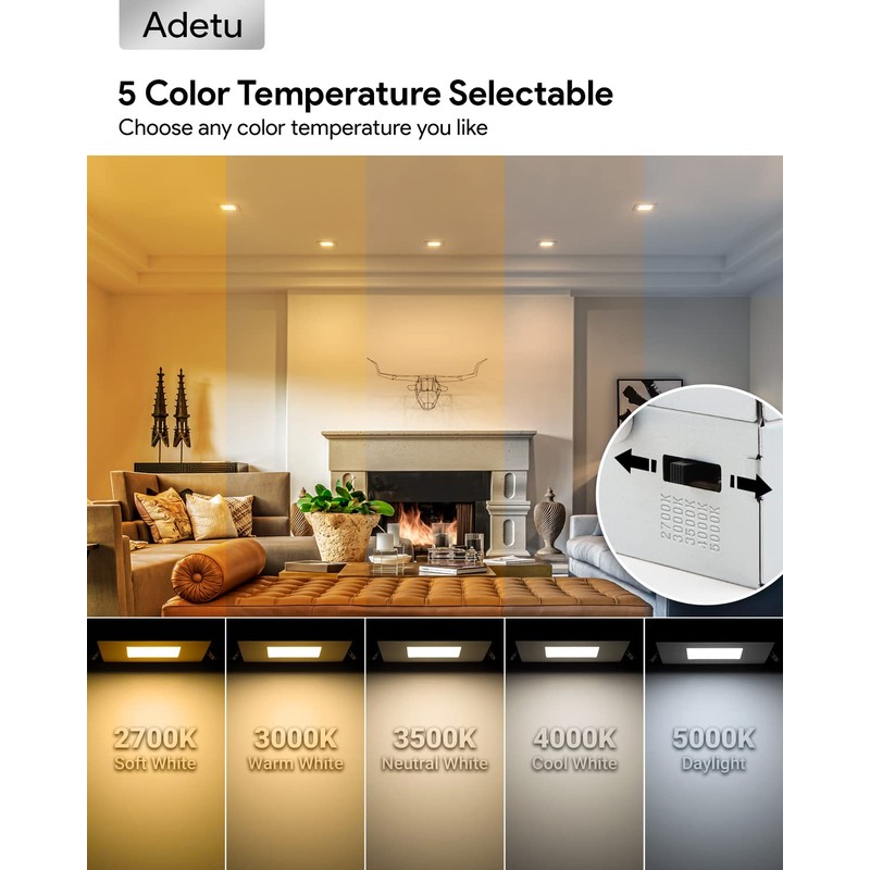 Adetu 6 inch 5CCT Black Square Led Recessed Lighting, 14W