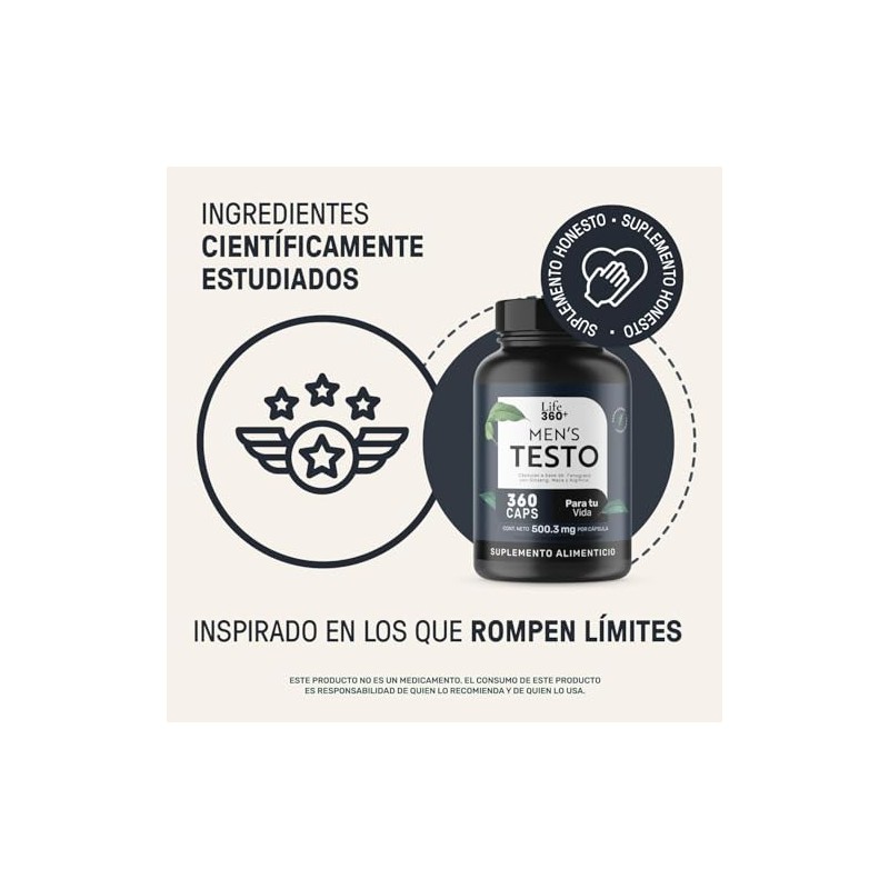 LIFE 360 Mens Testo L-Arginina Maca Negra Roja y Amarilla