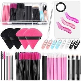 Generic Disposable Makeup Applicators Kit with Makeup Puffs, Mixing Palette, Mascara Wands, Lip Brushes, Hair Clips, Powder Puffs for Face, Storage Box (Black & Hot Pink)