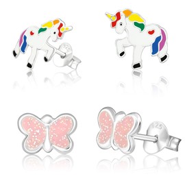 2 Pairs of Children's Earrings Nickel-Free 925 Sterling Silver Unicorn and Butterfly with High-Quality Jewellery Case and Free Jewellery Polishing Cloth, Silver