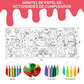 AMLEBE Póster para Colorear - 72 x 28 Mantel Gigante para Colorear Niños, Mantel de Papel Colores Resistente,Decoración de Cumpleaños, Suministros Fiesta Cumpleaños (Zoo)
