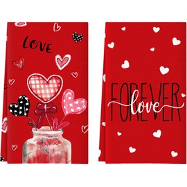 APKPK Valentine Day Kitchen Towels, Red Love Forever Valentine's Day Kitchen Towels Dish Towels, 18x26 Inch Love Leaves Hearts Valentines Wedding Decoration Hand Towels Set of 2
