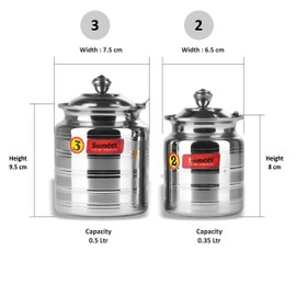 Sumeet Stainless Steel Oil and Ghee Pot Set - No. 2 350ML - 6.5cm Dia - No.3-500ML - 7.5cm Dia