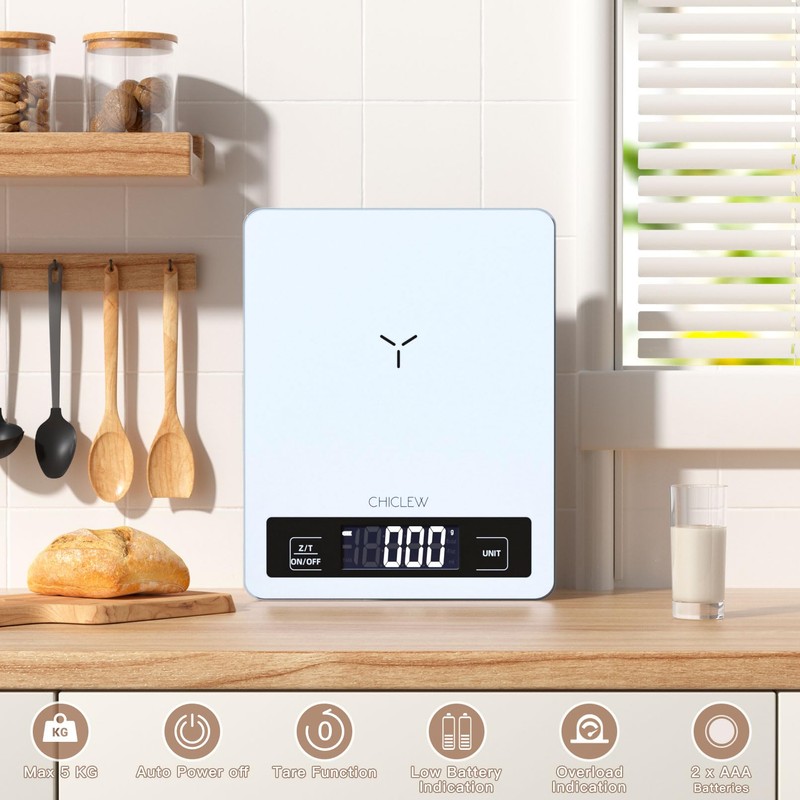 CHICLEW Digital Kitchen Scales Glass, 5 kg Digital Kitchen Scale,