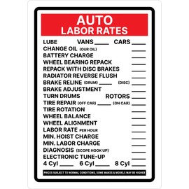 Auto Labor Rates Portrait - Wall Sign 8"x12" Metal Sign Danger Warning Man Cave Yard Indoor Or Outdoor
