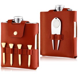 Golf Flask Gift Set 7 oz Stainless Steel Golf Flask with Leather Case Golf Accessories for Men and Women Includes Drinking Flasks Divot Tool Ball Marker and 4 Golfer Tees (Brown)