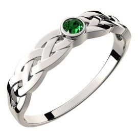 GWG Jewellery Ring 925 Sterling Silver Celtic Knotwork with Emerald Green Stone of Round Cut – 7 in Gift Box for Women