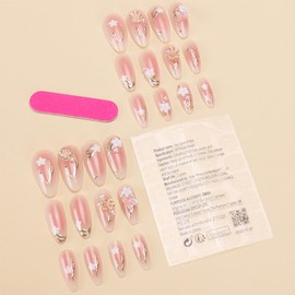 3D Flower Rhinestone Press on Nails Medium Almond Shape Fake Nails Glossy Pink Full Cover Acrylic False Nails with Charms Gold Line Designs Artificial Glue on Nails for Women & Girls 24pcs