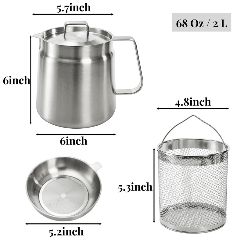 ZAVOOS 304 Stainless Steel Oil Filter Pot, 68 Oz Bacon