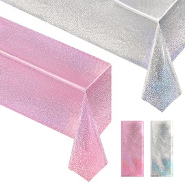 PalePink & Silver Holographic Tablecloth 40" x 108" Hot Pink Party Decoration Valentine's Day Birthday Party Table Decor Iridescence Plastic Table Cloth for Baby Shower Bachelorette Party Supplies