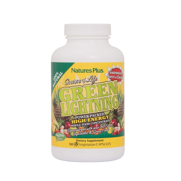 NaturesPlus Source of Life Green Lightning - 180 Vegetarian Capsules - All Natural High Energy Whole Food Supplement - Green Superfoods & Digestive Enzymes - 45 Servings