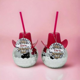 Bolaras Silver Disco Ball Cups with Pink Cowgirl Hat Lids, Straws, and Name Tags, 4 Cups