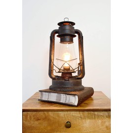 Electric Lantern Table Lamp for bedrooms to give You The Perfect Farmhouse Look Large 15 inches Tall with Large Hurricane Glass and in line Cord dimmer. Rustic Rust Patina Hand Finish.
