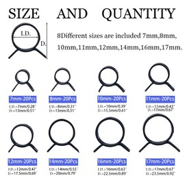 Spring Band Type Action Fuel Line Silicone Vacuum Hose Pipe Clamp Low Pressure Air Clip Clamp Assortment Kit -160Pcs(8 Size 7mm 8mm 10mm 11mm 12mm 14mm 16mm 17mm)