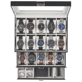 ProCase 20 Slot Watch Box for Men, 3-Layer Watch Display Case with Glass Lid, Watch Holder with Drawer, Jewelry Storage Organizer for Watches Straps Rings -Black