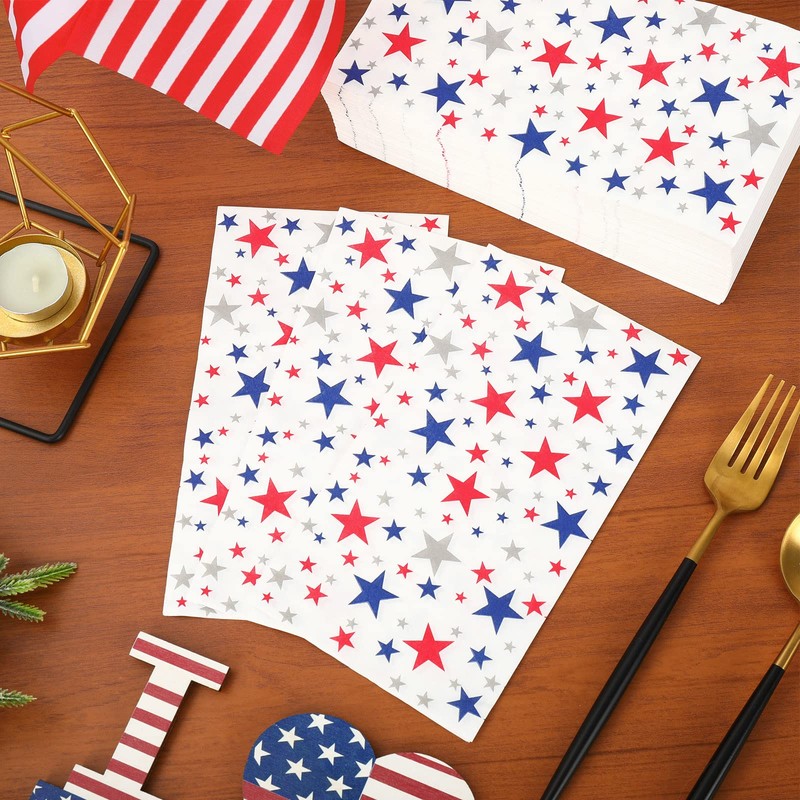 Whaline Patriotic Guest Napkins Red Blue Silver Star Disposable Paper