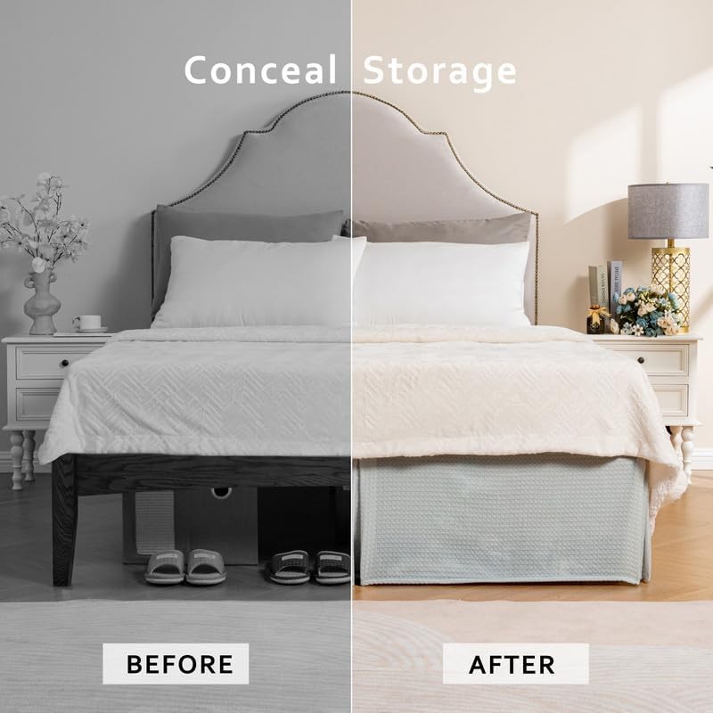 MIYE Pleated Waffle Weave Bed Skirt, Tailored Dust Ruffle 12