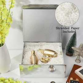 PACKGILO 1 Pcs Silver Gift Box Large 13x11x5.3 Inch Large Black Gift Box Large Magnetic Gift Box with Crinkle Paper Silver Large Gift Box with Shredded Paper Luxury Gift Boxes with Lids for Presents