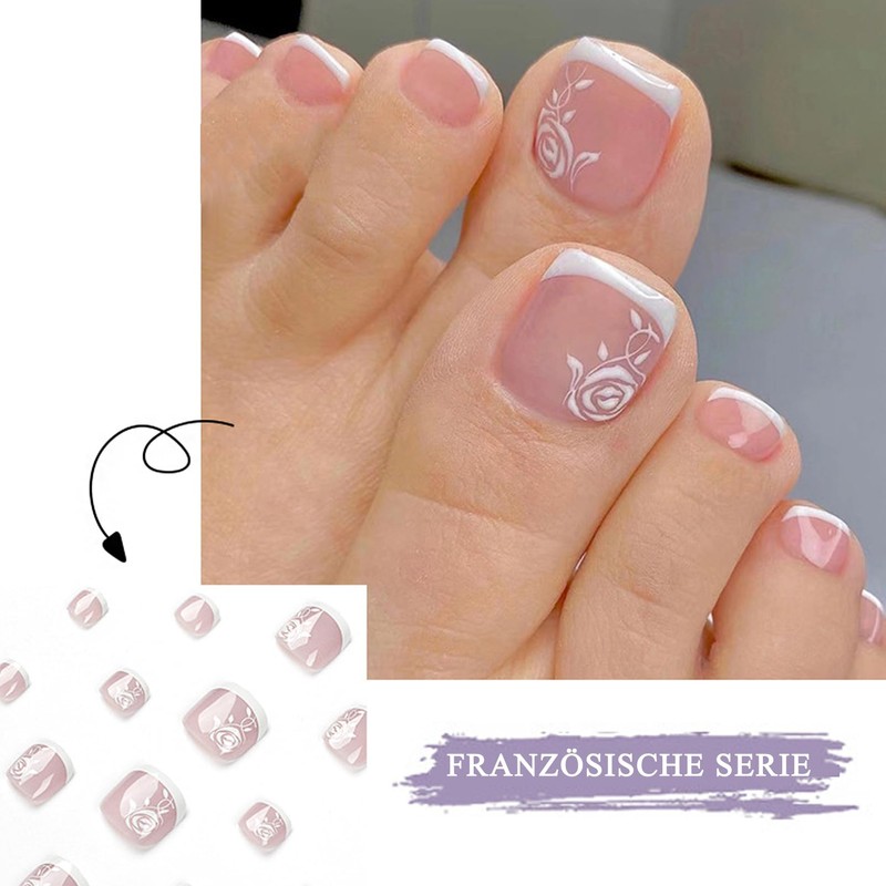 Virellay Pack of 24 French with Flowers Toenails for Gluing,