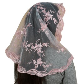 Maria Veils Catholic Mantilla Mass Veil - Triangle Cross Embroidery Church Lace Veil Spanish Chapel Mass Head Covering Short (Pink)