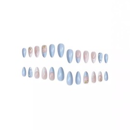 Almond Press on Nails Medium Fake Nails Blue White French Tip False Nails with 3D Shell Pearl Gold Star Designs White Ombre Nail Press ons Glossy Glue on Nails Cute Stick on Nails for Women 24Pcs